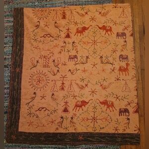 Crewel Embroidered King Size Bedspread India Blanket People Animals Elephant